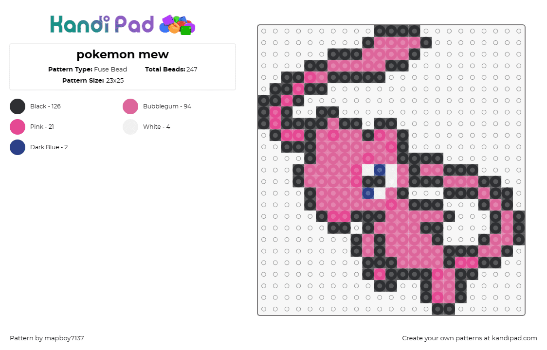 pokemon mew - Fuse Bead Pattern by mapboy7137 on Kandi Pad - mew,pokemon,cute,colorful,nintendo,legendary,pink