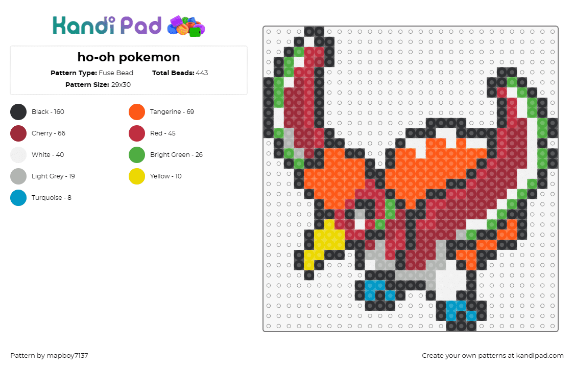 ho-oh pokemon - Fuse Bead Pattern by mapboy7137 on Kandi Pad - ho-oh,pokemon,majestic,mythical,vibrant,fiery,soar,red,orange