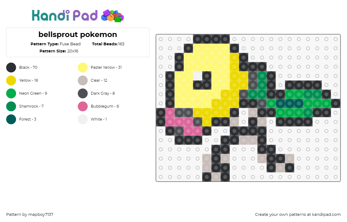 bellsprout pokemon - Fuse Bead Pattern by mapboy7137 on Kandi Pad - bellsprout,pokemon,nostalgic,character,yellow,green,black