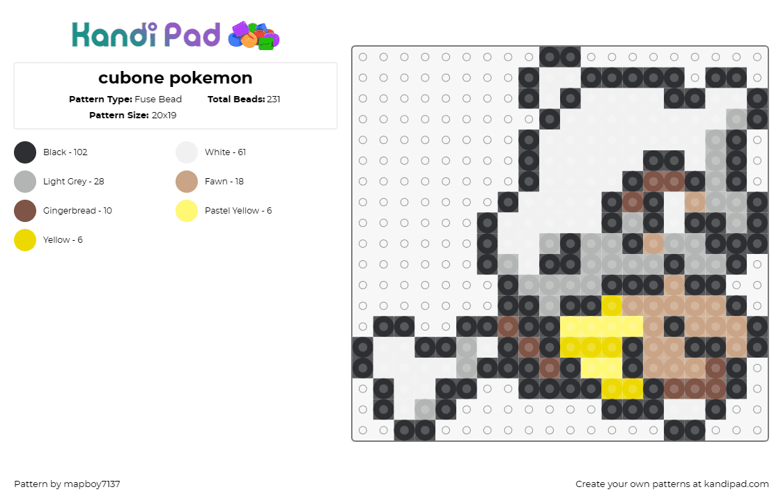 cubone pokemon - Fuse Bead Pattern by mapboy7137 on Kandi Pad - cubone,pokemon,skull,bone,creature,animated,beige,white,brown