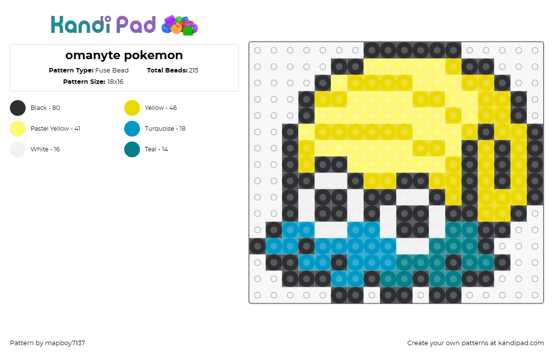 omanyte pokemon - Fuse Bead Pattern by mapboy7137 on Kandi Pad - omanyte,pokemon,gaming,character,prehistoric,creature,shell,spiral,blue,yellow,b