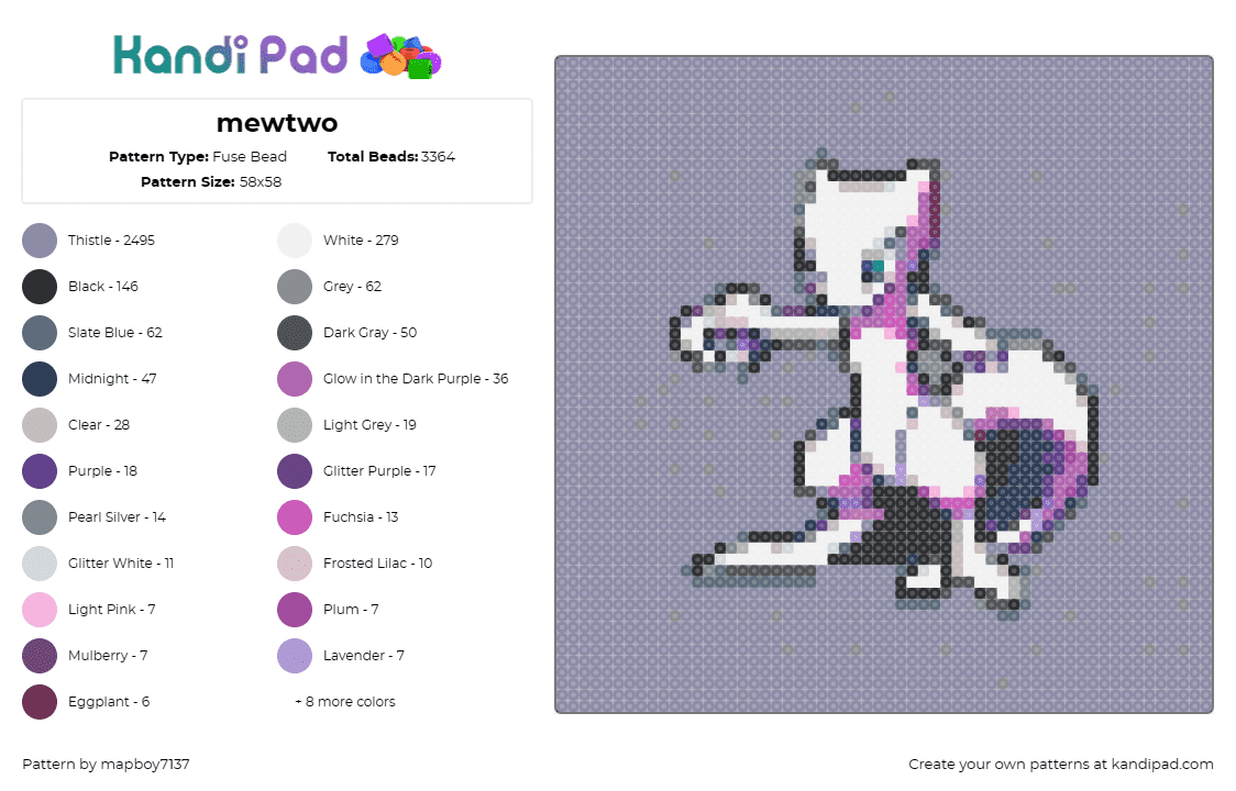 mewtwo - Fuse Bead Pattern by mapboy7137 on Kandi Pad - mewtwo,pokemon,legendary,pose,display,themed,shades,purple