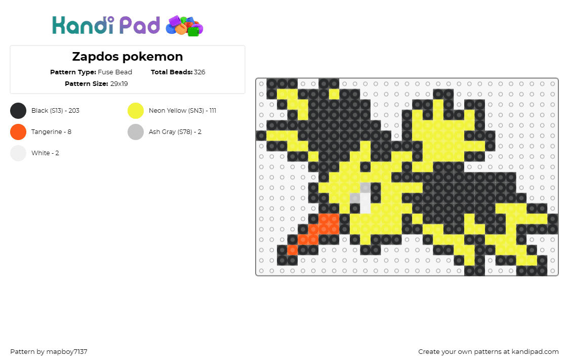 Zapdos pokemon - Fuse Bead Pattern by mapboy7137 on Kandi Pad - zapdos,pokemon,electrifying,power,legendary,striking,yellow,black,spark