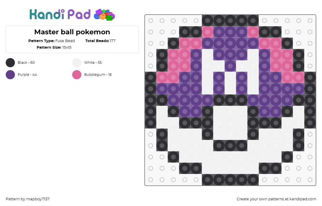 Master ball pokemon - Fuse Bead Pattern by mapboy7137 on Kandi Pad - master ball,pokeball,pokemon,gaming,adventure,purple,pink,white,black