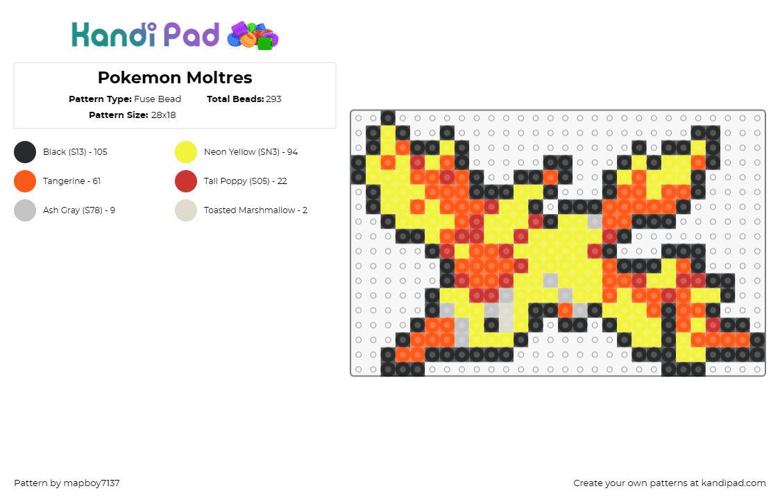 Pokemon Moltres - Fuse Bead Pattern by mapboy7137 on Kandi Pad - moltres,pokemon,legendary bird,fiery colors,orange,yellow,red,flame design,mythi