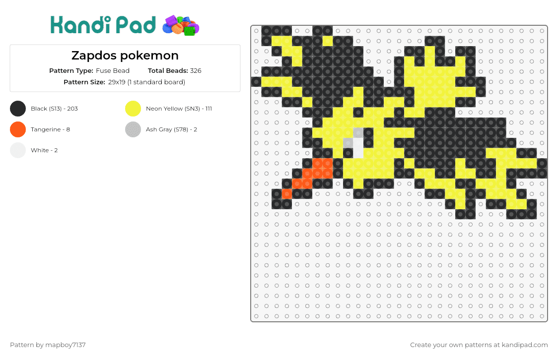 Zapdos pokemon - Fuse Bead Pattern by mapboy7137 on Kandi Pad - zapdos,pokemon,electrifying,power,legendary,striking,yellow,black,spark