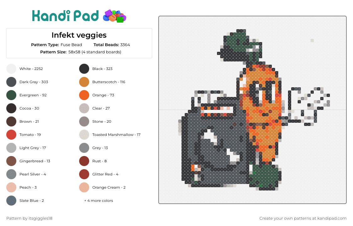 Infekt veggies - Fuse Bead Pattern by itsgiggles18 on Kandi Pad - infekt,carrot,vegetable,music,edm,dj,dubstep,mascot,orange,green,grey,black