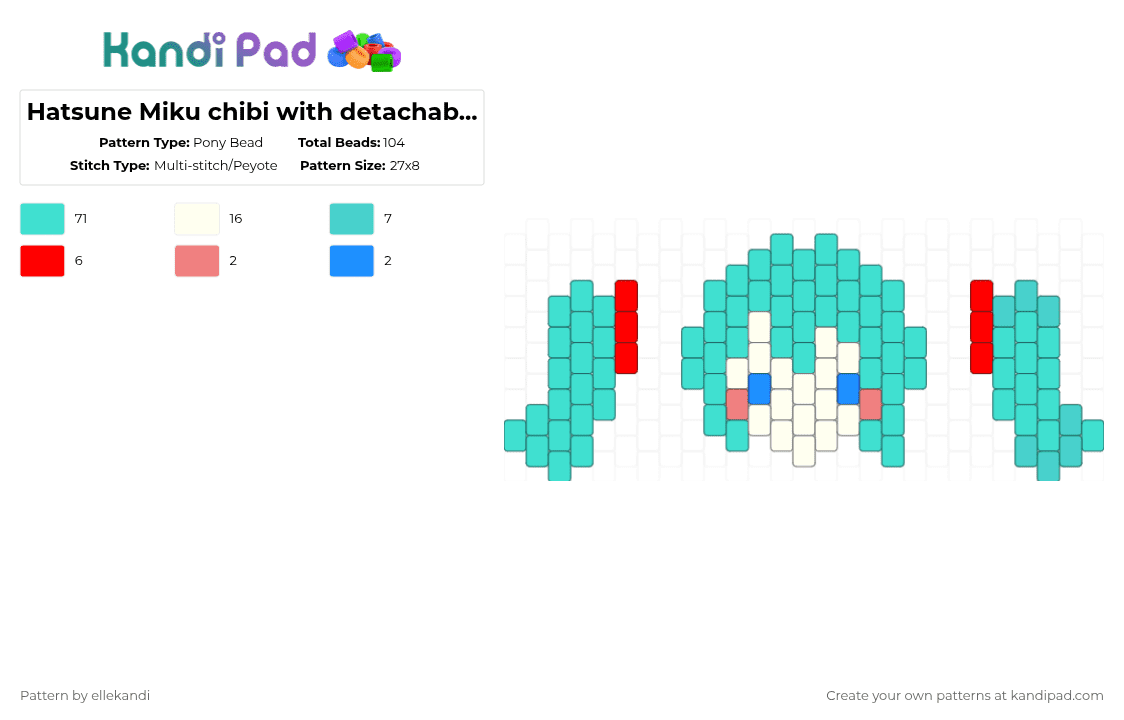 Hatsune Miku chibi with detachable ponytails!! - Pony Bead Pattern by ellekandi on Kandi Pad - light blue,miku,chibi,cute
