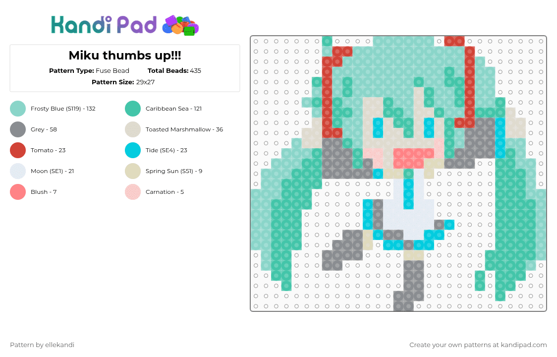 Miku thumbs up!!! - Fuse Bead Pattern by ellekandi on Kandi Pad - light blue,teal,miku,cute,forsaken lol,system of a down for no reason,chopped miku