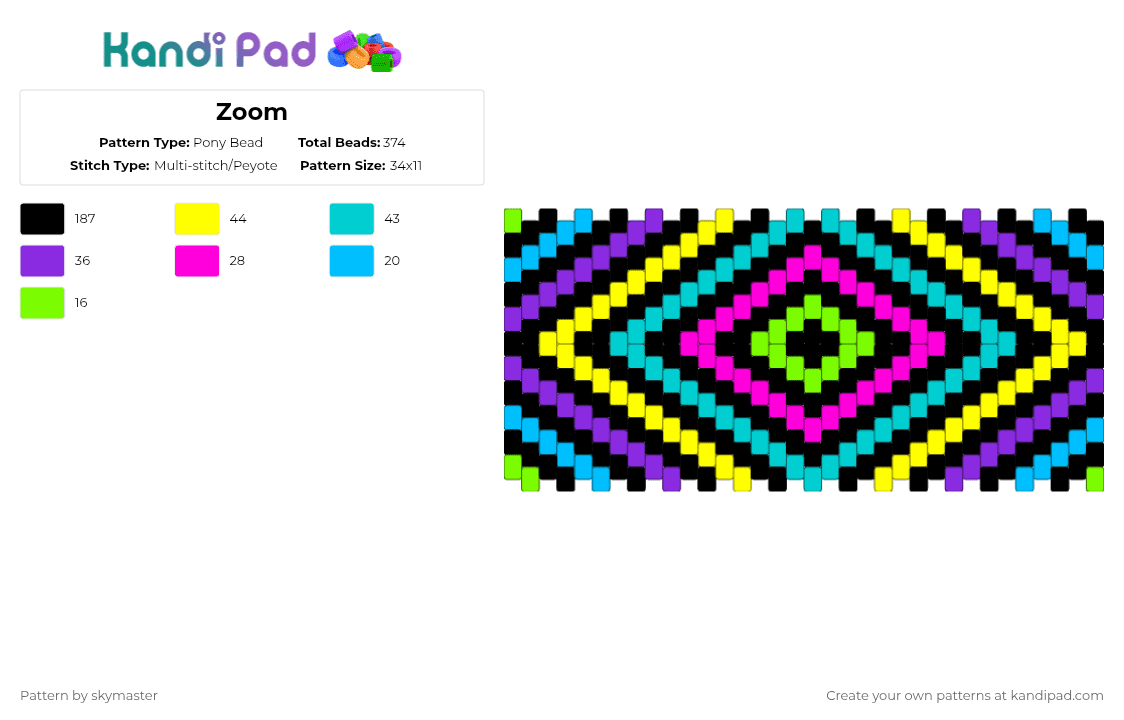 Zoom - Pony Bead Pattern by skymaster on Kandi Pad - black,light blue,purple,yellow