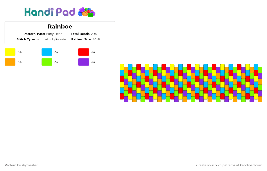 Rainboe - Pony Bead Pattern by skymaster on Kandi Pad - light blue,orange,purple,colorful