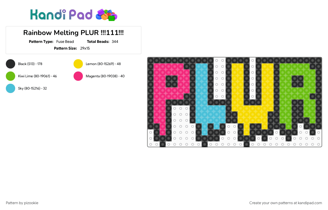 Rainbow Melting PLUR !!!111!!! - Fuse Bead Pattern by pizookie on Kandi Pad - black, colorful, cotdtypography, emo, green, pink, rainbow, rave, scene, scene kid, scenecore, yellow