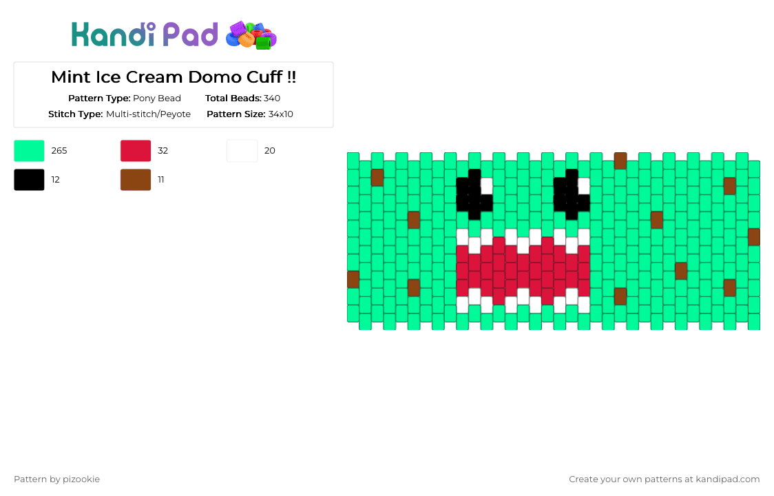 Mint Ice Cream Domo Cuff !! - Pony Bead Pattern by pizookie on Kandi Pad - teal,ice cream,domo,mint,food,scene,scenecore,emo,scene kid
