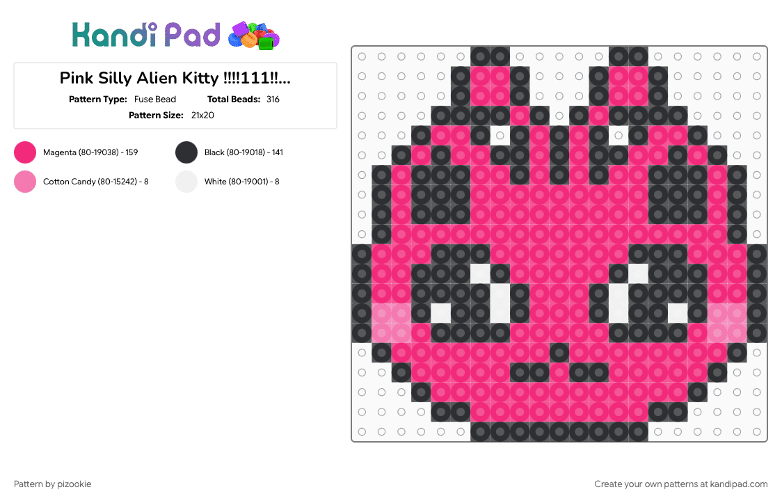 Pink Silly Alien Kitty !!!!111!!!! xD - Fuse Bead Pattern by pizookie on Kandi Pad - alien, cat, emo, kitty, pink, scene, scene kid, scenecore, space