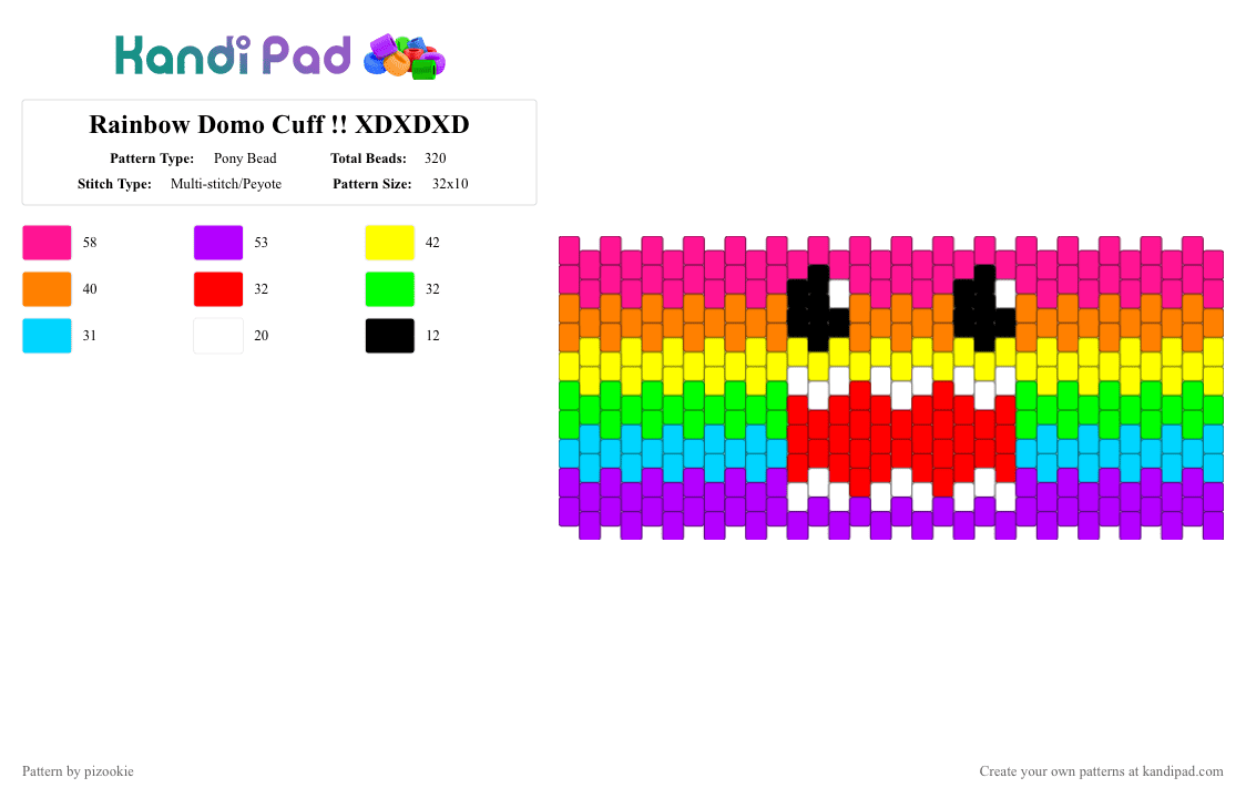 Rainbow Domo Cuff !! XDXDXD - Pony Bead Pattern by pizookie on Kandi Pad - orange,pink,yellow,purple,domo,rainbow,scene,emo,scenecore,scene kid,colorful,multistitch