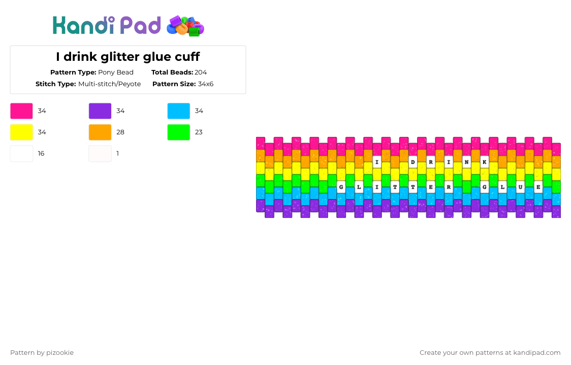 I drink glitter glue cuff - Pony Bead Pattern by pizookie on Kandi Pad - pink,purple,light blue,yellow,glitter,glitter glue,rainbow,scene,emo,colorful,stamp,stamps