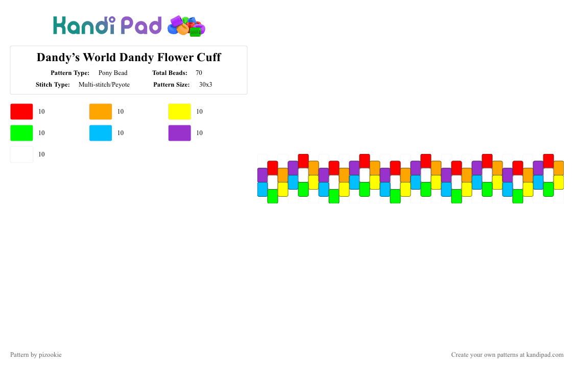 Dandy’s World Dandy Flower Cuff - Pony Bead Pattern by pizookie on Kandi Pad - orange,green,purple,colorful,rainbow,dandys world,dandy,dandy dancifer,flower,multistitch,roblox,video game