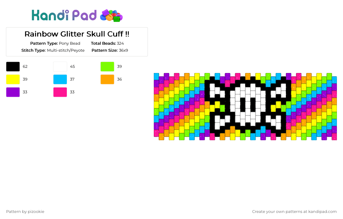 Rainbow Glitter Skull Cuff !! - Pony Bead Pattern by pizookie on Kandi Pad - pink,green,orange,colorful,rainbiw,skull,glitter,scene,scenemo,emo,multistitch,cuff