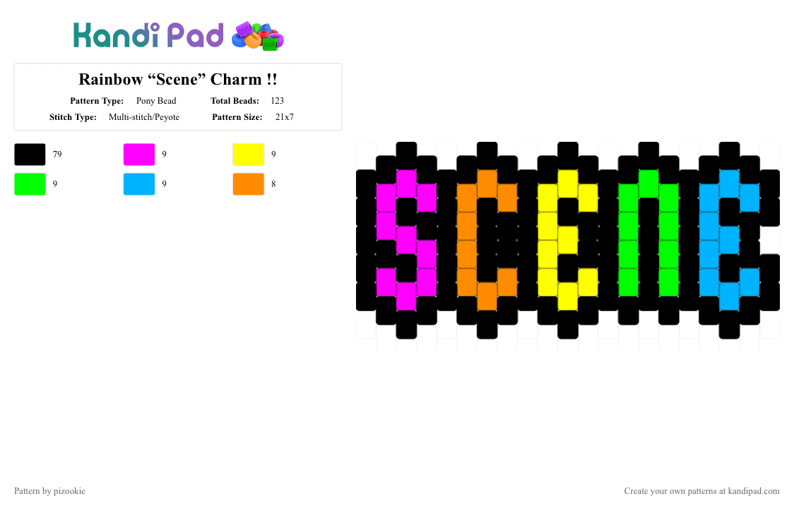 Rainbow “Scene” Charm !! - Pony Bead Pattern by pizookie on Kandi Pad - black,yellow,light blue,colorful,rainbow,scene,scenecore,scene kid,emo,peyote stitch