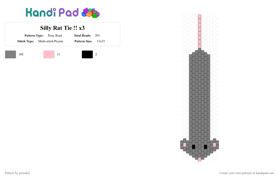 Silly Rat Tie !! x3 - Pony Bead Pattern by pizookie on Kandi Pad - animals, cute, gray, mice, mouse, peyote stitch, rat, rodents, silly
