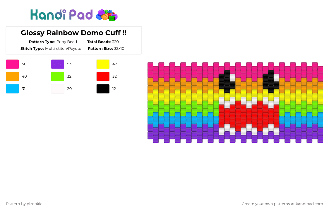 Glossy Rainbow Domo Cuff !! - Pony Bead Pattern by pizookie on Kandi Pad - pink,yellow,purple,orange,cotdglossy,glossy,domo,rainbow,multistitch,scene,emo,cuff