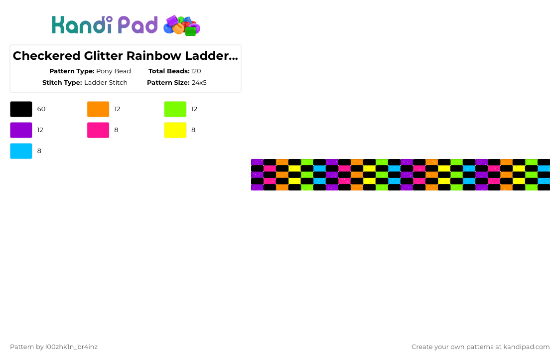 Checkered Glitter Rainbow Ladder Cuff - Pony Bead Pattern by pizookie on Kandi Pad - black,orange,green,purple,glitter,ladder stitch,scene,scenemo,emo,scenecore,rainbow