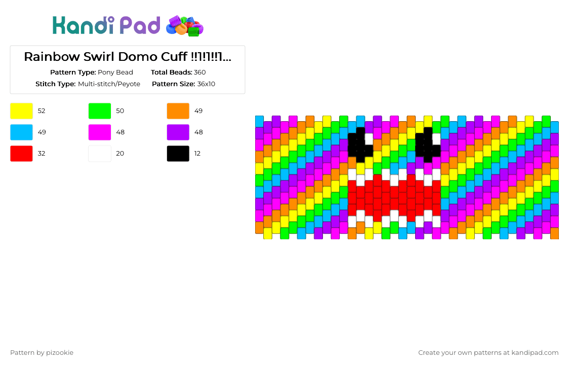 Rainbow Swirl Domo Cuff !!1!1!!1!1!!1!1!!1!!!!! xD - Pony Bead Pattern by pizookie on Kandi Pad - orange,green,purple,colorful