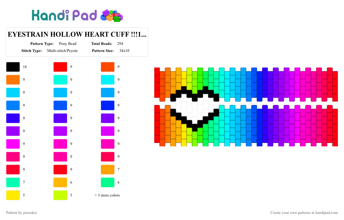 EYESTRAIN HOLLOW HEART CUFF !!!1!1!1!!! - Pony Bead Pattern by pizookie on Kandi Pad - teal,purple,colorful,rainbow,love,color spectrum,scenecore,scene kid,emo,scene