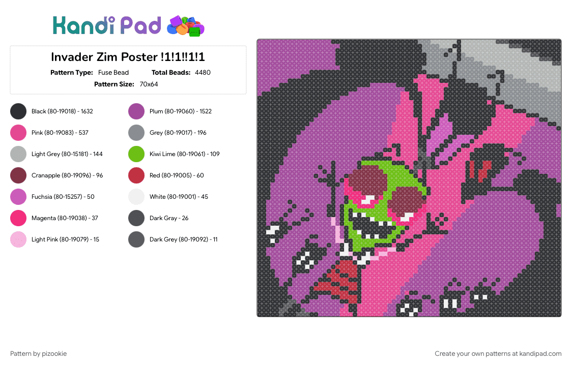 Invader Zim Poster !1!1!!1!1 - Fuse Bead Pattern by pizookie on Kandi Pad - 2000s, cartoons, cotdoldschoolcartoons, emo, invader zim, pink, scene, scene kid, scenecore