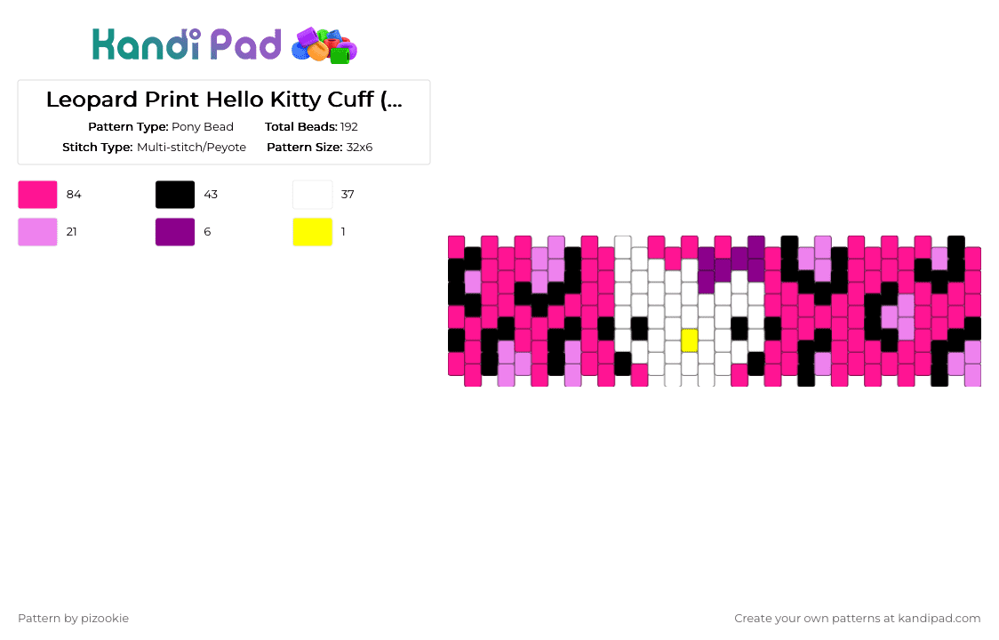 Leopard Print Hello Kitty Cuff (small) - Pony Bead Pattern by pizookie on Kandi Pad - pink,cotdy2k,y2k,hello kitty,sanrio,scene,scenecore,emo,scene kid