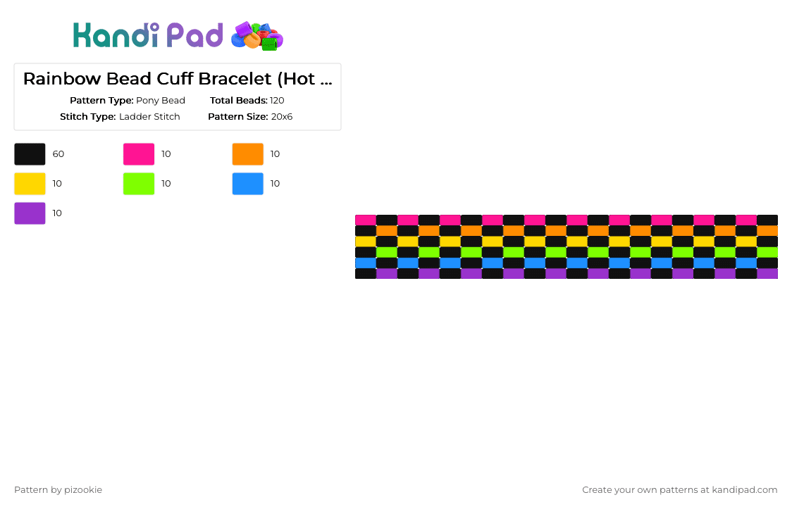 Rainbow Bead Cuff Bracelet (Hot Topic) - Pony Bead Pattern by pizookie on Kandi Pad - black,orange,green,purple,colorful,scene,scenecore,scene kid,emo,rainbow,neon,hot topic