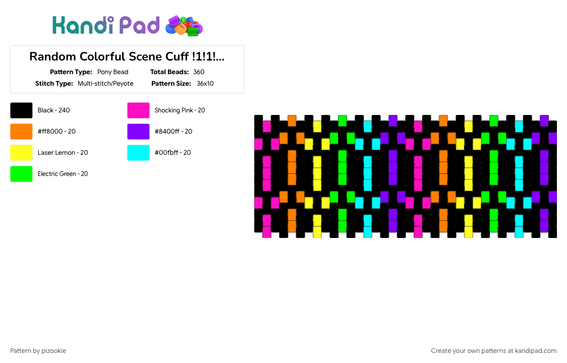 Random Colorful Scene Cuff !1!1!1!1!!1!!! - Pony Bead Pattern by pizookie on Kandi Pad - black, colorful, emo, green, multistitch, neon, orange, rainbow, scene, scene kid, scenecore, yellow