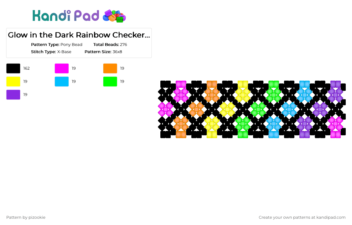 Glow in the Dark Rainbow Checkered X Base Cuff !!! x3 - Pony Bead Pattern by pizookie on Kandi Pad - black,orange,light blue,purple,colorful,rainbow,neon,glow,scene,scenecore,scene kid,emo
