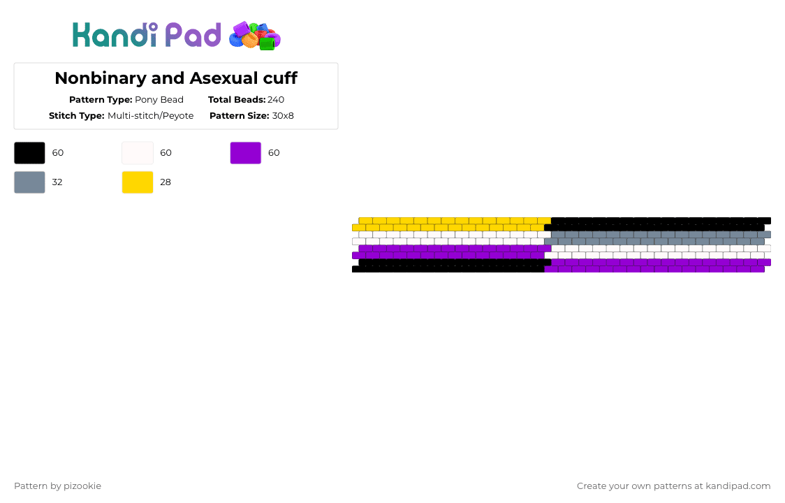 Nonbinary and Asexual cuff - Pony Bead Pattern by pizookie on Kandi Pad - purple,peyote,cuff,asexual,nonbinary,flags,pride