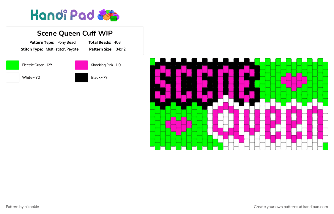Scene Queen Cuff !!!!1!1!1!1!1! xD - Pony Bead Pattern by pizookie on Kandi Pad - 2000s, colorful, emo, green, myspace, neon, pink, scene, scene kid, scenecore