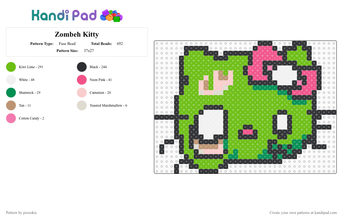 Zombeh Kitty - Fuse Bead Pattern by pizookie on Kandi Pad - green,sanrio,hello kitty,zombie,cutegore,scene,scene kid,scenecore,emo