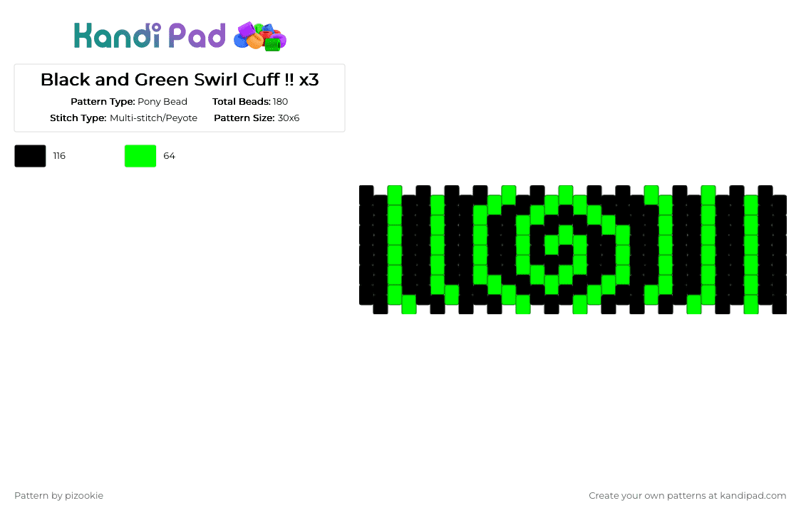 Black and Green Swirl Cuff !! x3 - Pony Bead Pattern by pizookie on Kandi Pad - black, cotdswirls, emo, green, neon, scene, scene kid, scenecore, swirl