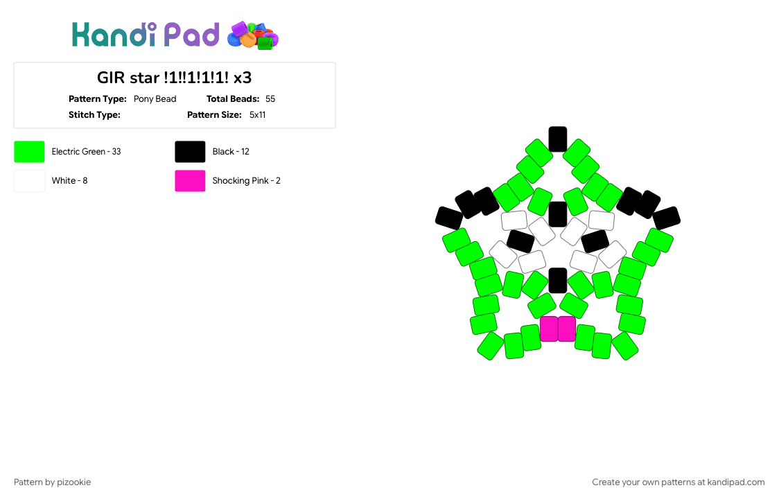 GIR star !1!!1!1!1! x3 - Pony Bead Pattern by pizookie on Kandi Pad - cotdoldschoolcartoons, emo, green, invader zim, neon, scene, scene kid, scenecore, stars
