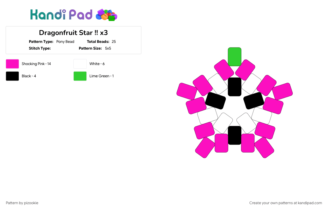 Dragonfruit Star !! x3 - Pony Bead Pattern by pizookie on Kandi Pad - colorful, dragonfruit, food, fruit, fruits, pink, star, stars, sweet