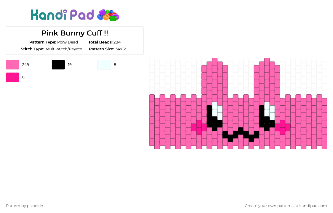 Pink Bunny Cuff !! - Pony Bead Pattern by pizookie on Kandi Pad - pink,cotdadoptionevent,bunny,multistitch,animals,cute,kawaii,pets