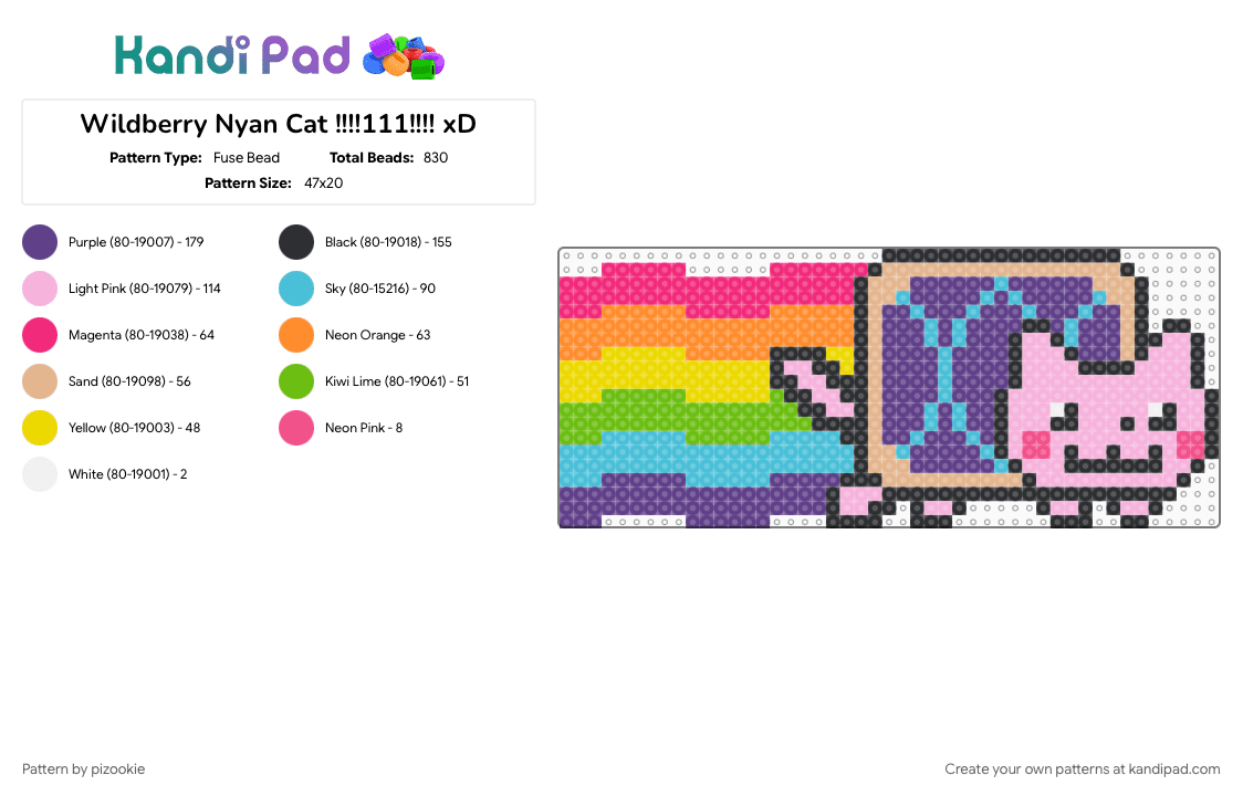 Wildberry Nyan Cat !!!!111!!!! xD - Fuse Bead Pattern by pizookie on Kandi Pad - 2010s, cat, emo, light blue, memes, pink, pop tarts, purple, scene, scene kid, scenecore