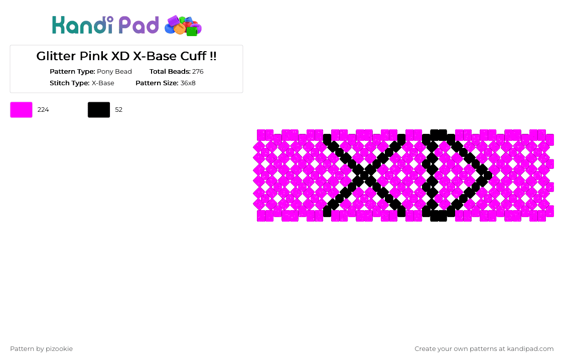 Glitter Pink XD X-Base Cuff !! - Pony Bead Pattern by pizookie on Kandi Pad - pink,glitter,xd,black,scene,scenecore,emo,scene kid