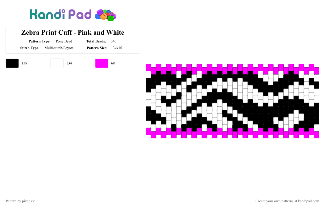 Zebra Print Cuff - Pink and White - Pony Bead Pattern by pizookie on Kandi Pad - pink,white,zebra,animal print,scene,scenecore,emo,scene kid