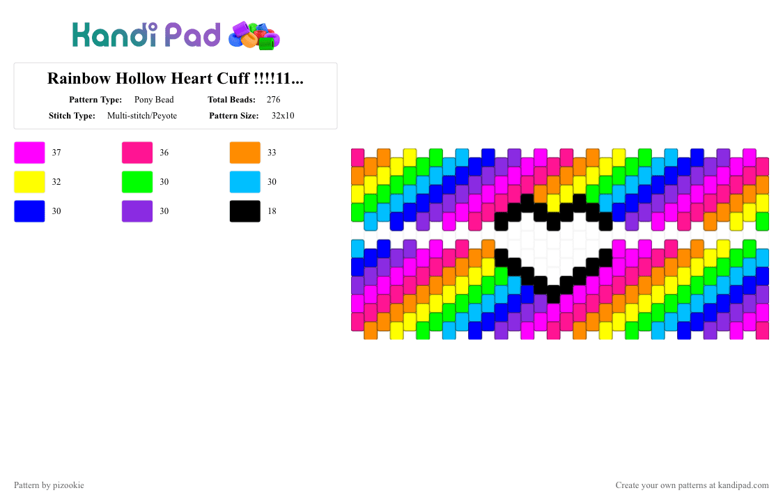 Rainbow Hollow Heart Cuff !!!!1111!!!! x3 - Pony Bead Pattern by pizookie on Kandi Pad - colorful, emo, love, neon, pink, purple, rainbow, scene, scene kid, scenecore