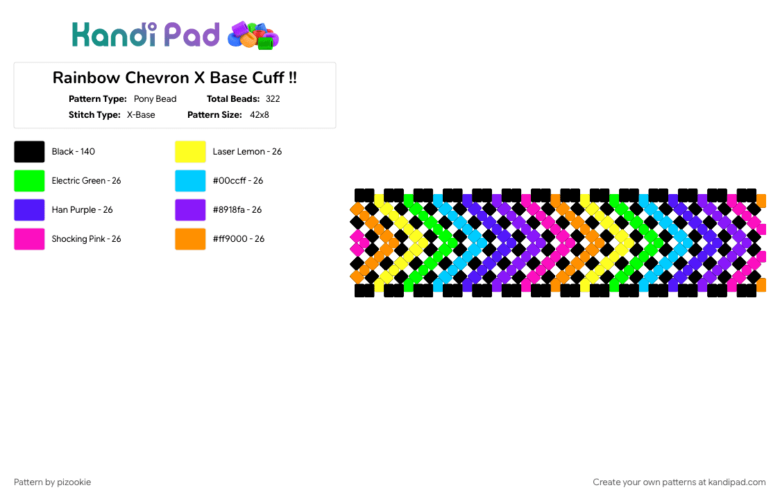 Rainbow Chevron X Base Cuff !! - Pony Bead Pattern by pizookie on Kandi Pad - black, chevrons, colorful, cotdchevrons, emo, neon, purple, scene, scene kid, scenecore