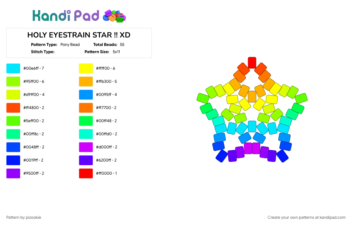 HOLY EYESTRAIN STAR !! XD - Pony Bead Pattern by pizookie on Kandi Pad - color spectrum, colorful, cotdsaturation, emo, light blue, rainbow, scene, scene kid, scenecore, yellow