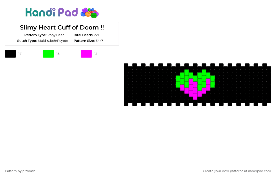 Slimy Heart Cuff of Doom !! - Pony Bead Pattern by pizookie on Kandi Pad - black, emo, green, heart, love, multistitch, pink, scene, scene kid, scenecore, slime