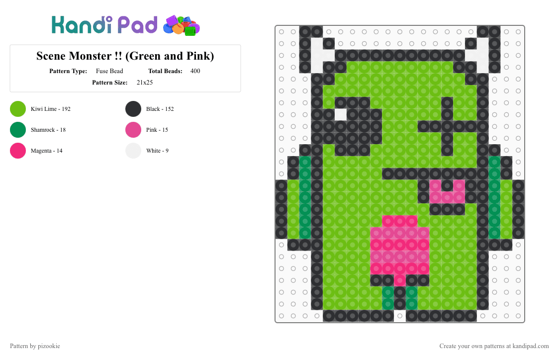 Scene Monster !! (Green and Pink) - Fuse Bead Pattern by pizookie on Kandi Pad - green,pink,monster,scene,scenecore,emo,scene kid,cute
