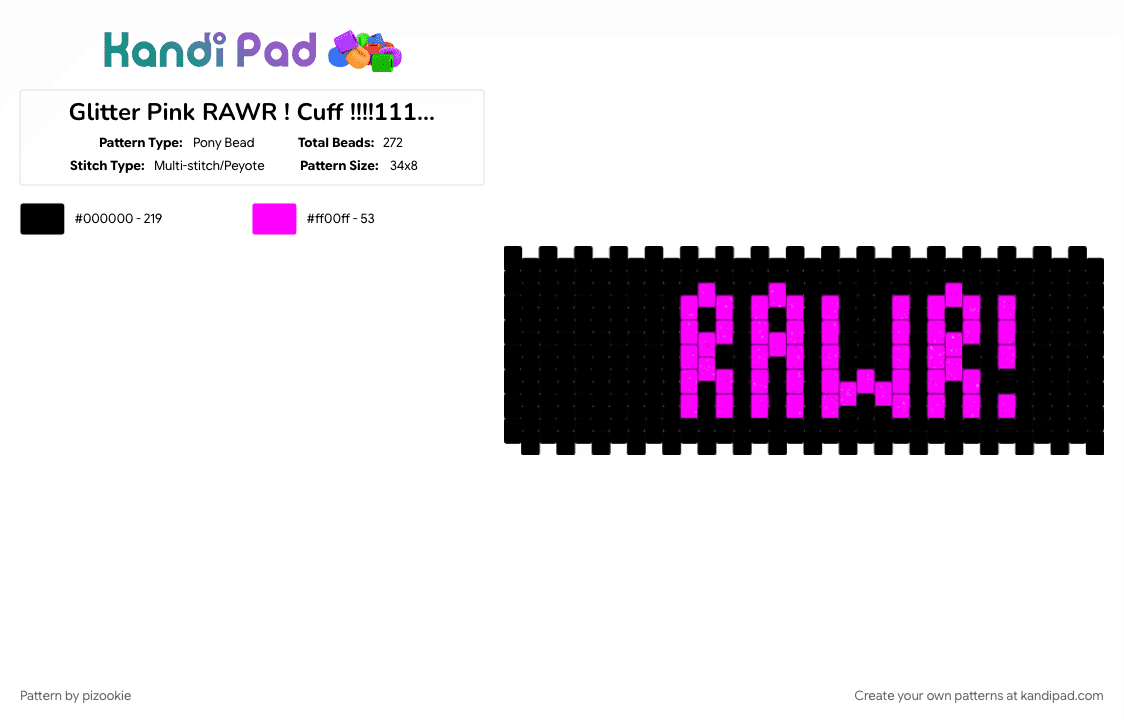 Glitter Pink RAWR ! Cuff !!!!111!!!! - Pony Bead Pattern by pizookie on Kandi Pad - 2000s, black, cotdlettering, emo, glitter, myspace, scene, scene kid, scenecore