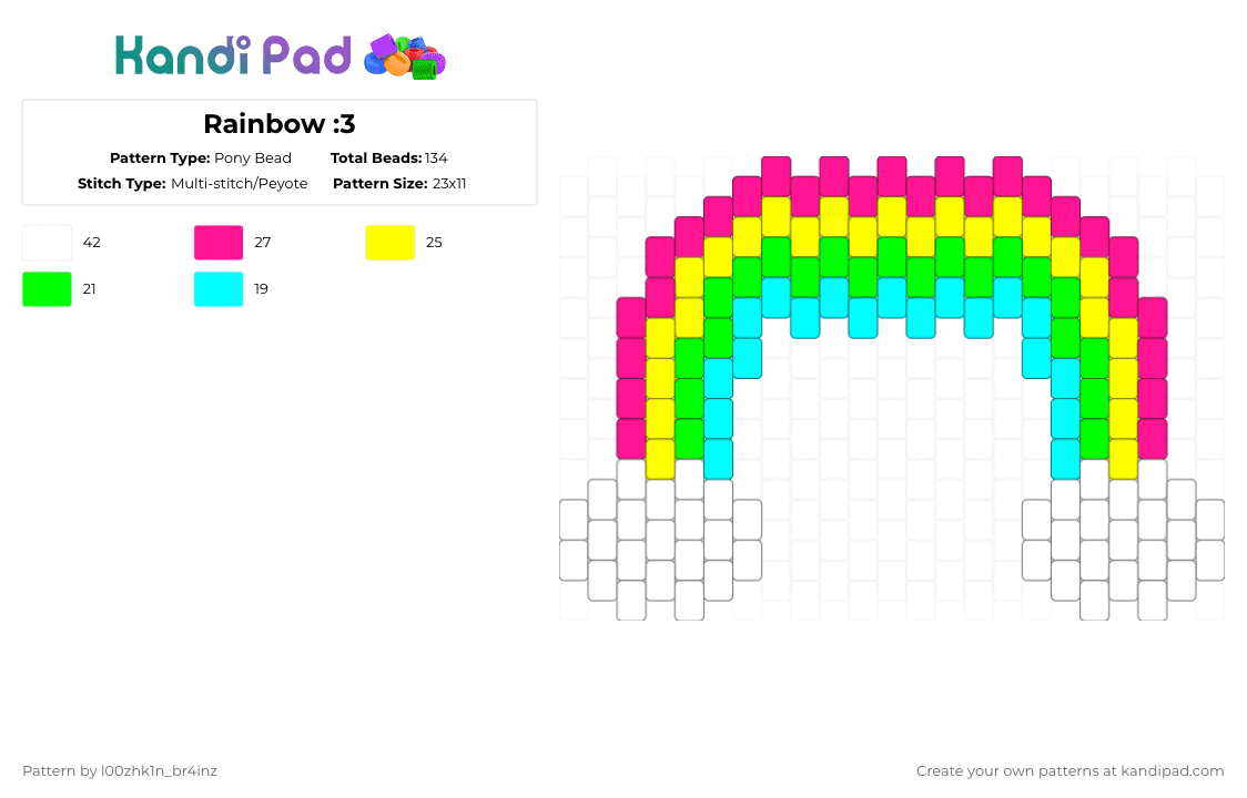 Rainbow :3 - Pony Bead Pattern by pizookie on Kandi Pad - yellow,pink,rainbow,charm,peyote